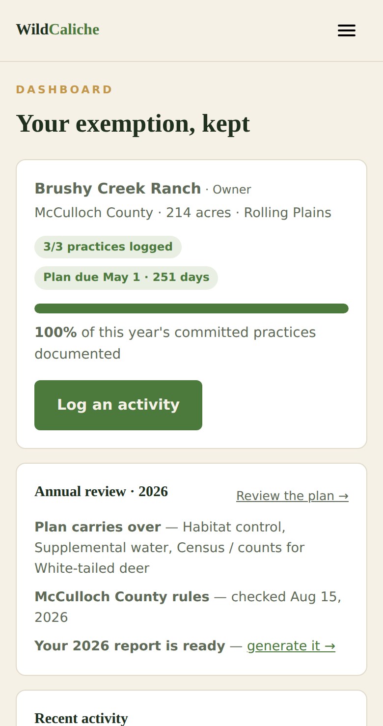 WildCaliche dashboard — Brushy Creek Ranch, three of three practices logged, plan due countdown