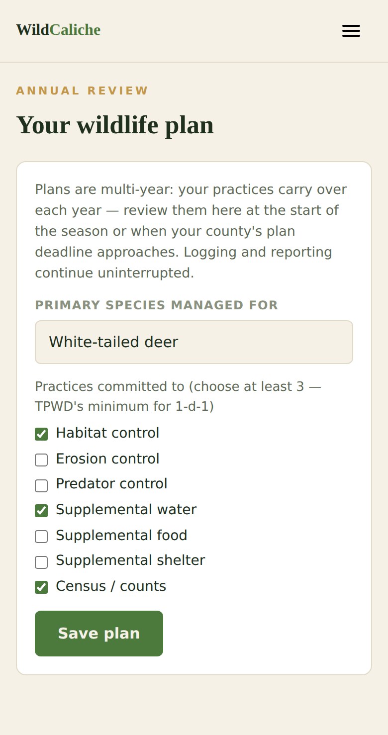 WildCaliche annual review — the filed wildlife plan and its practice requirements